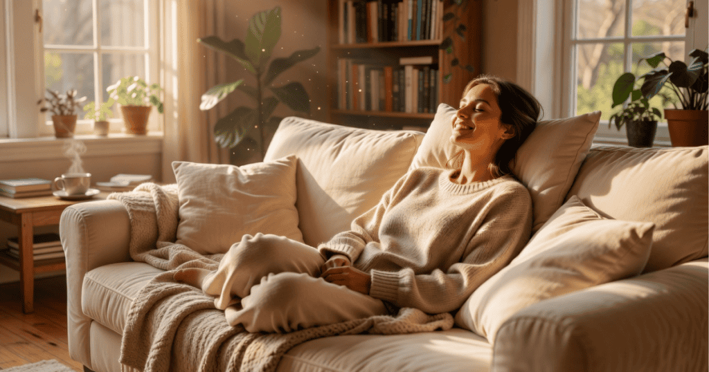 A woman rests her head back on a plush cream-colored sofa with her eyes closed in the warm sunlight, representing the peaceful freedom found in moving forward on your own terms.