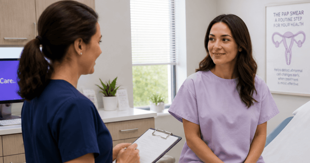 A woman sits comfortably in a medical office listening attentively to a healthcare professional holding a clipboard, symbolizing the empowering step of taking full control over your own physical safety and wellness.