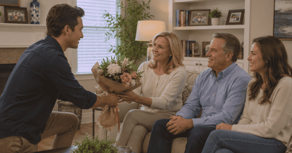 A smiling young man presents a lush bouquet of flowers to an older couple seated with their daughter on a couch, capturing an orchestrated display of charm meant to win over family approval.