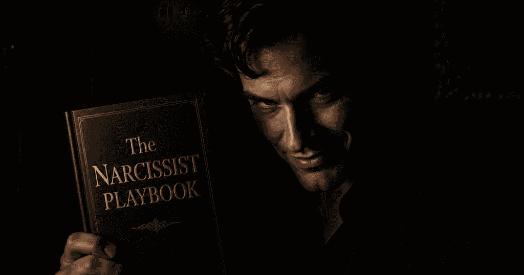 A man holds up a book titled "The Narcissist Playbook" with a sinister smirk, revealing the calculated, manipulative strategies used to maintain control.