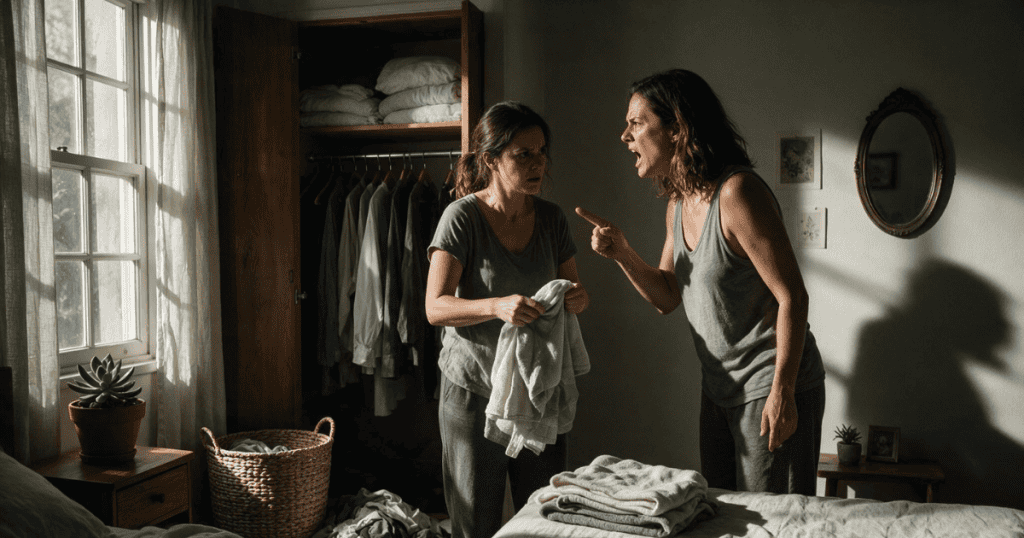 A woman wearing a tank top aggressively points and yells at another woman folding laundry in a bedroom, capturing the hostile energy used to label a target as overly emotional.