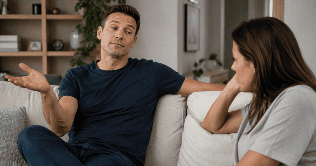 A man gesturing dismissively at a visibly upset woman on the couch, capturing the casual, everyday contempt a narcissistic man shows women in the comfort of his own home.