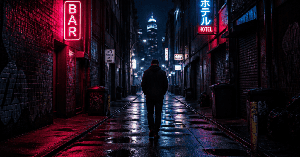 A solitary man walks down a dark, rain-slicked alley illuminated by glowing neon bar signs, symbolizing the lonely, isolated path created by repeated missteps.