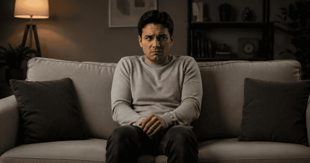 A man sits awkwardly on the middle of a sofa with a tense, uneasy expression, capturing the intense discomfort felt in environments where they cannot control the room.