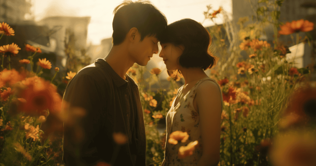 A man and woman rest their foreheads together in a sunlit field of orange flowers, depicting an idyllic display of intimacy meant to bypass genuine accountability.