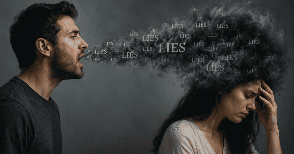 A man aggressively shouts a cloud of smoky text into the face of a woman holding her temple in distress, symbolizing the overwhelming psychological fog created by relentless deceit.