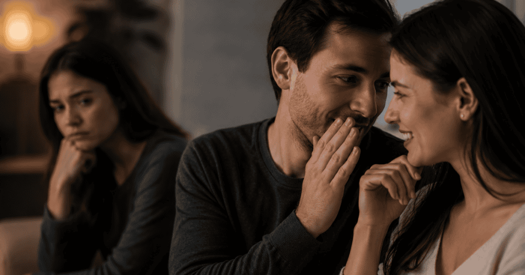 A smiling man whispers closely into the ear of a receptive woman while an excluded woman sits disheartened in the background, illustrating the deliberate use of triangulation to divide and isolate.