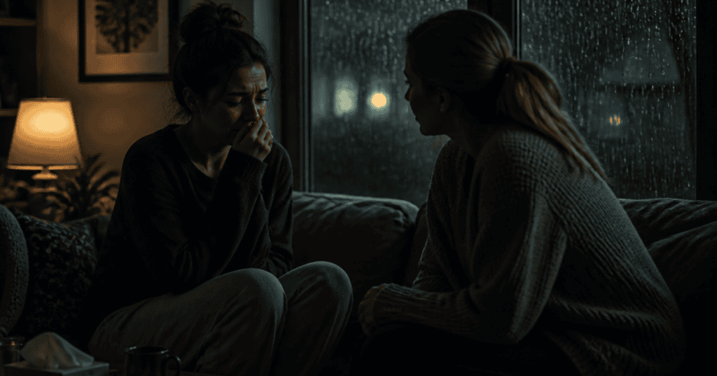 A woman cries on a couch beside a supportive friend while rain falls outside the window, reflecting the emotional exhaustion that comes from continuously carrying another person's burdens.