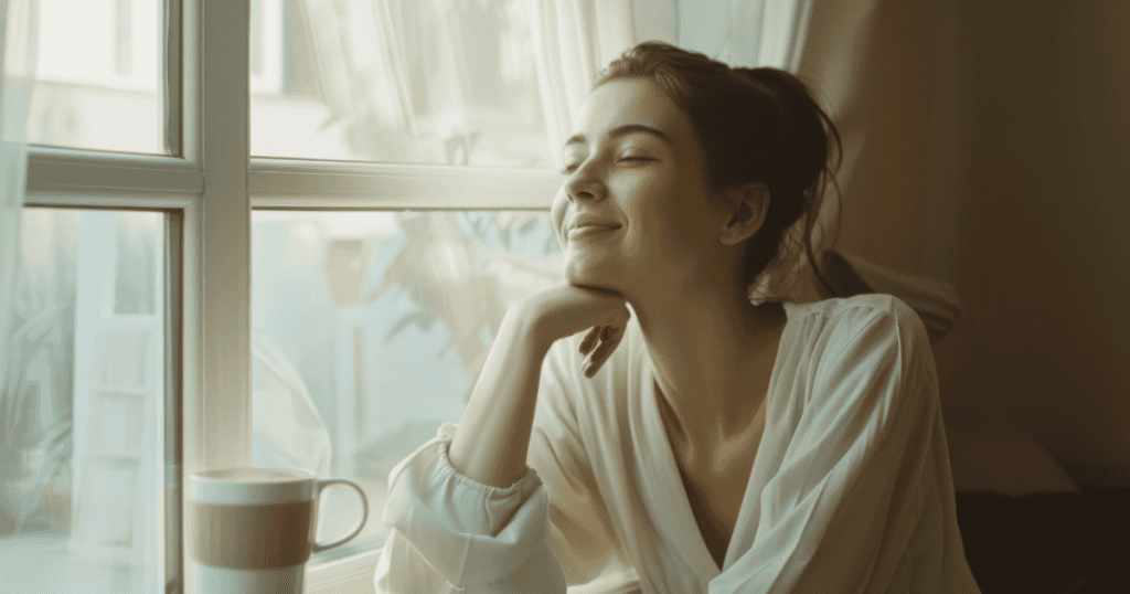 A serene woman rests her chin on her hand beside a sunlit window with a warm mug, capturing the peaceful transition of allowing the nervous system to truly settle.