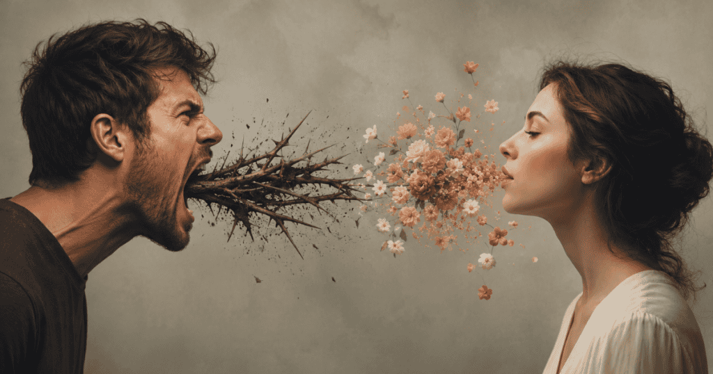 A shouting man expels a spray of sharp, tangled thorns while a calm woman breathes out a gentle cascade of blooming flowers, symbolizing the stark contrast between hurtful manipulation and heartfelt sincerity.