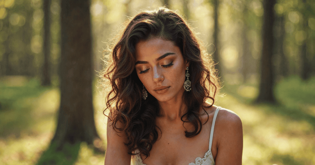 A woman with long wavy hair looks gently downward in a quiet forest setting, reflecting the inner strength and resilience that carried her through hardship.
