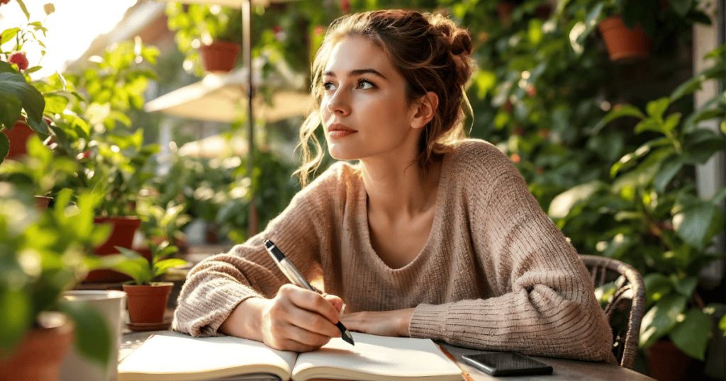 A woman pauses thoughtfully with a pen over an open notebook surrounded by potted plants in the sun, reflecting the clear-eyed realization that comes from taking a step back to observe calculated behavior.