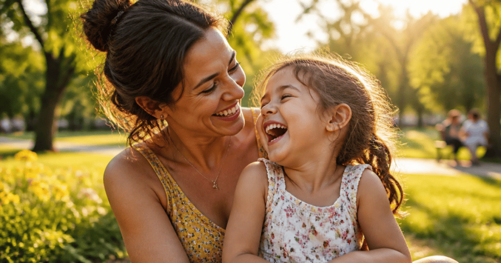 A mother and her young daughter laugh joyfully together in a sunlit park, showcasing the priceless happiness that was carelessly cast aside.