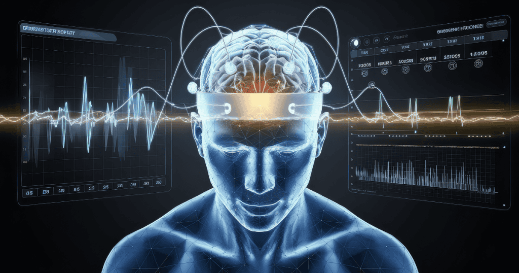 A digital, holographic rendering of a human head displays glowing neural pathways wired to diagnostic monitors, illustrating the deep neurological impact of sustained psychological tension.