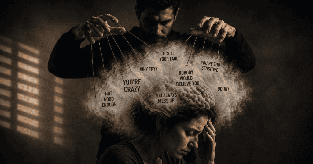 A shadowy figure manipulates strings attached to smoky, critical labels hovering over a distressed woman's head, representing the disorienting mental weight of psychological control.