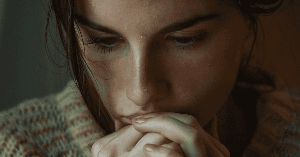A woman rests her chin on clasped hands with a downcast, troubled gaze in warm light, depicting the lingering heaviness of processing unresolved internal tension.