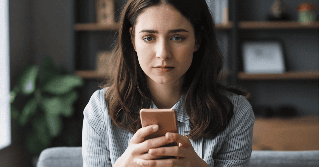 A young woman stares down at her smartphone with an anxious, unsettled gaze, portraying the heavy anticipation and unease felt when waiting for another manipulative shoe to drop.