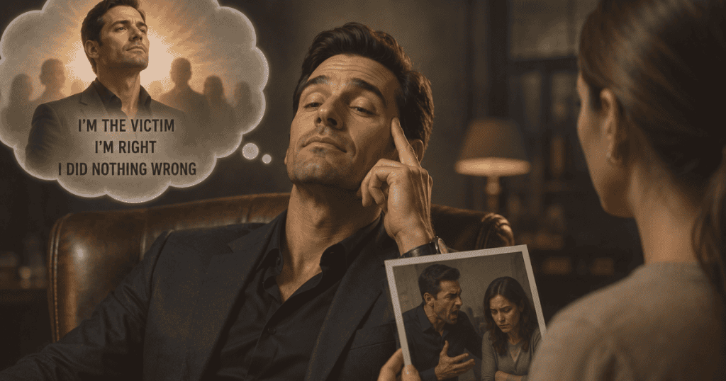 A man leans back in a leather armchair daydreaming of being praised as an innocent victim while a woman presents him with photographic evidence of his aggression, visually depicting the intense cognitive dissonance used to avoid accountability.