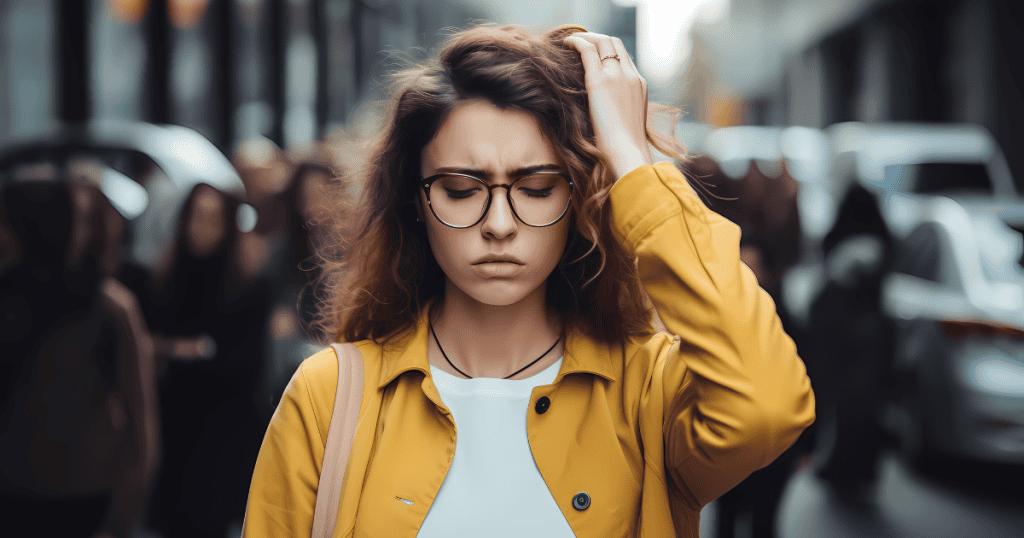 A woman wearing glasses clutches her forehead in overwhelm on a crowded street, portraying how heightened sensory overload originally served as a protective shield.