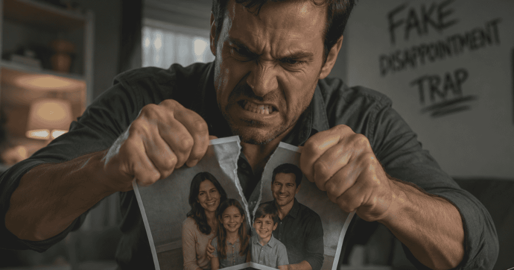 An enraged man violently tears a family portrait in half down the middle, showcasing the destructive anger that surfaces when carefully curated control slips away.