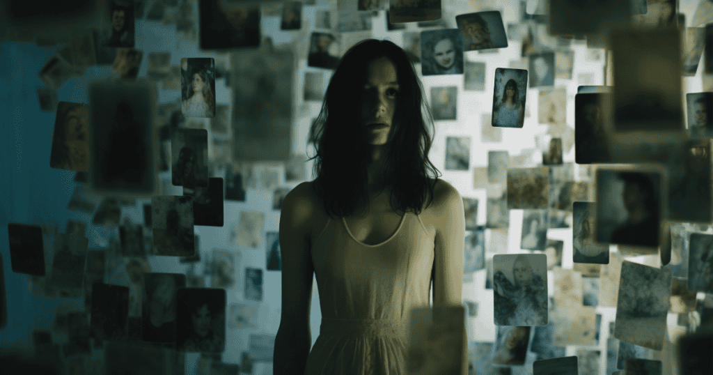 A woman in a simple white slip stands centered amidst a dense suspension of floating vintage photographs, depicting the haunting journey through fragmented memories to reclaim one's authentic identity.