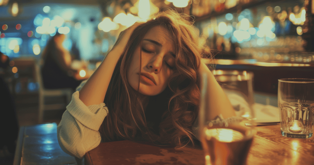 A tired woman rests her head on her arms at a crowded bar counter with closed eyes, illustrating the complete emotional depletion that follows chaotic social interactions.