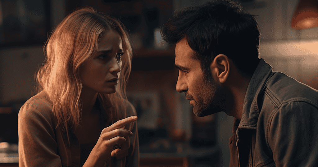 A woman points a cautionary finger while holding a steady, watchful gaze toward a man leaning in close, capturing the sudden shift when an ex attempts to re-enter a space where access has been closed.