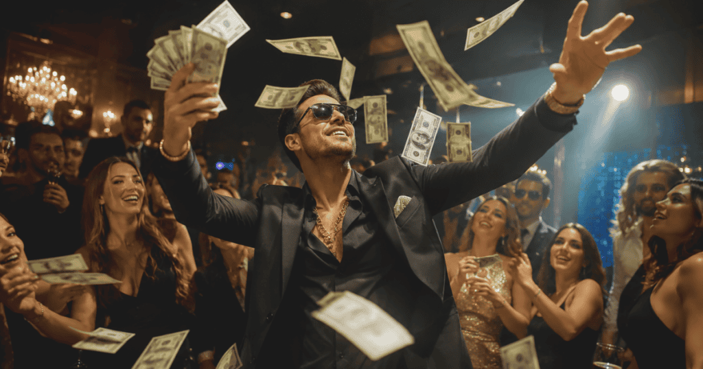 A man in sunglasses throws dollar bills into the air amidst a cheering party crowd in a nightclub, illustrating the reckless pursuit of hedonistic bachelor thrills over mutual commitment.