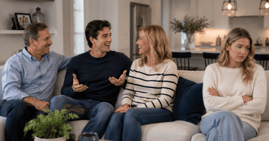 A woman sits on the edge of a couch with crossed arms looking excluded while a man chats warmly with an older couple, portraying the painful division caused by prioritizing superficial social bonds over marital solidarity.