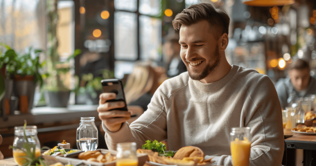 A smiling man looks down at his smartphone while seated at a sunlit cafe table, depicting how easily manipulative charm is practiced behind digital screens.