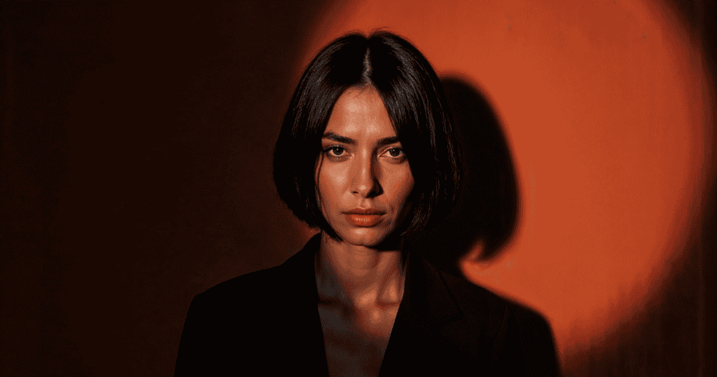 A dark-haired woman in a tailored blazer looks directly ahead with an unyielding expression under a warm spotlight, depicting the firm, composed boundary of someone who refuses to be manipulated.
