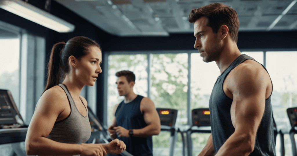 A fit man and woman face each other in an intense, lingering conversation on treadmills at a gym, capturing how everyday routines can become arenas for unsolicited pursuit.