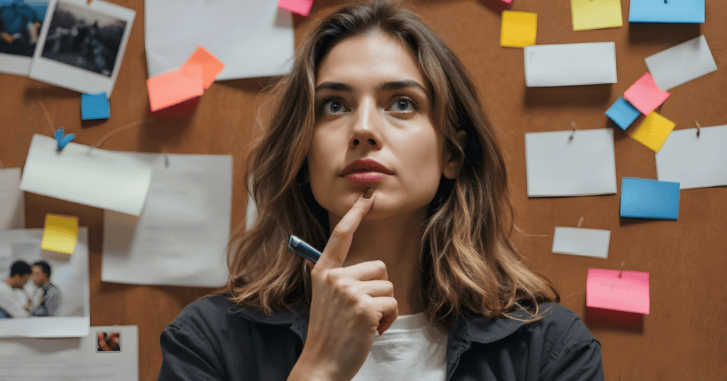 A woman touches her chin pensively in front of a corkboard covered in pinned notes and photos, embodying the deep contemplation required to piece together inconsistent relationship patterns.
