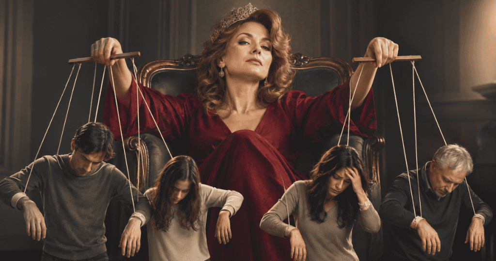 An imperious matriarch wearing a tiara sits on a grand armchair manipulating marionette strings attached to her bowed family members, depicting the rigid, centralized control exerted over every household dynamic.