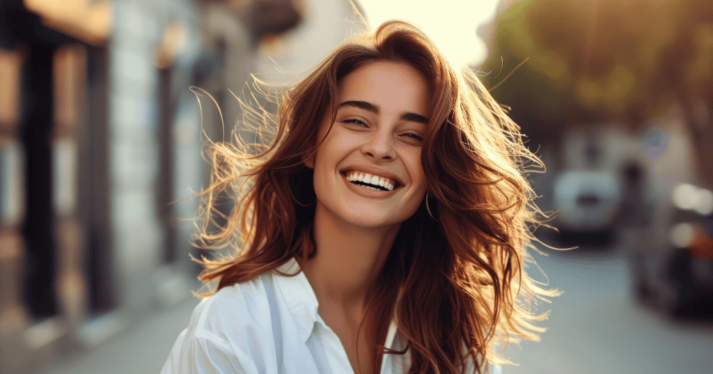 A woman with sunlit, windswept hair beams with an open smile on a city street, showcasing the radiant energy and confidence of thriving on your own terms.
