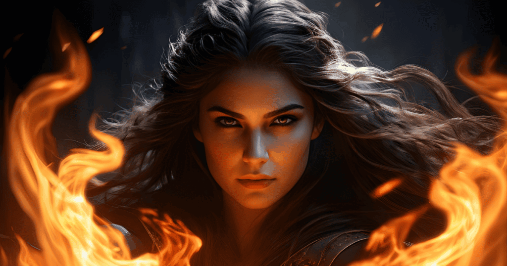 A fierce woman with dark, flowing hair gazes forward with an intense, fiery determination surrounded by roaring flames, symbolizing the unshakeable inner power and strength forged through hardship.