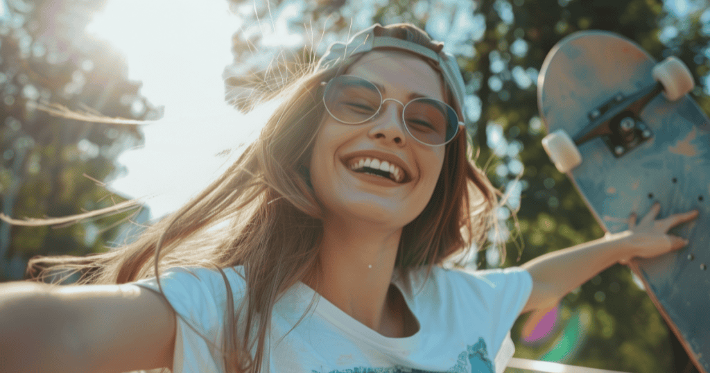 A radiant young woman with sunglasses smiles openly in the sun while holding up a skateboard, embodying the carefree vitality and unburdened joy that thrives completely apart from old dynamics.
