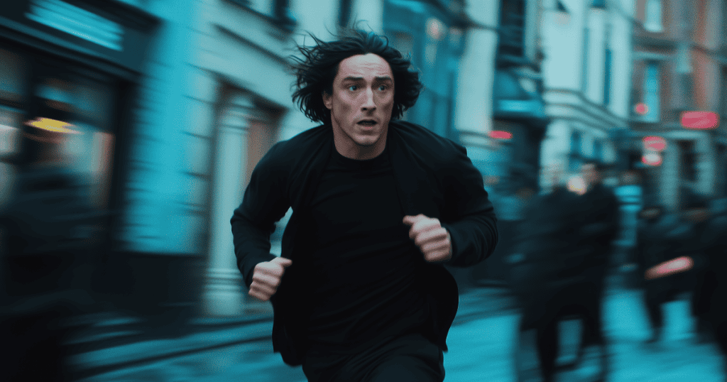 A man in dark clothing races down a busy city street with a wide-eyed look, symbolizing how a narcissist escapes the consequences of their actions while others are left to deal with the fallout.