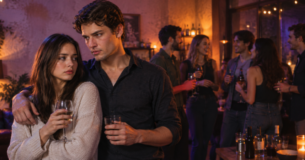 A man keeps a possessive arm around his uneasy partner while watching the room warily at a party, illustrating how a narcissist keeps you at a distance from the people in their life.