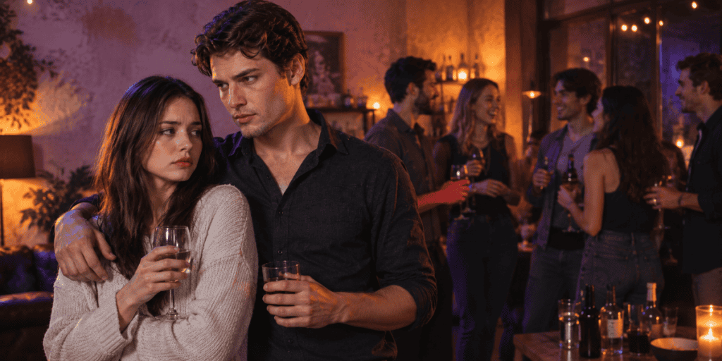 A man keeps a possessive arm around his uneasy partner while watching the room warily at a party, illustrating how a narcissist keeps you at a distance from the people in their life.