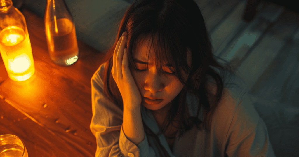 A woman holds her head in distress beside glowing bottles in a dim room, reflecting the lasting inner pain a narcissist is doomed to carry beneath their polished image.