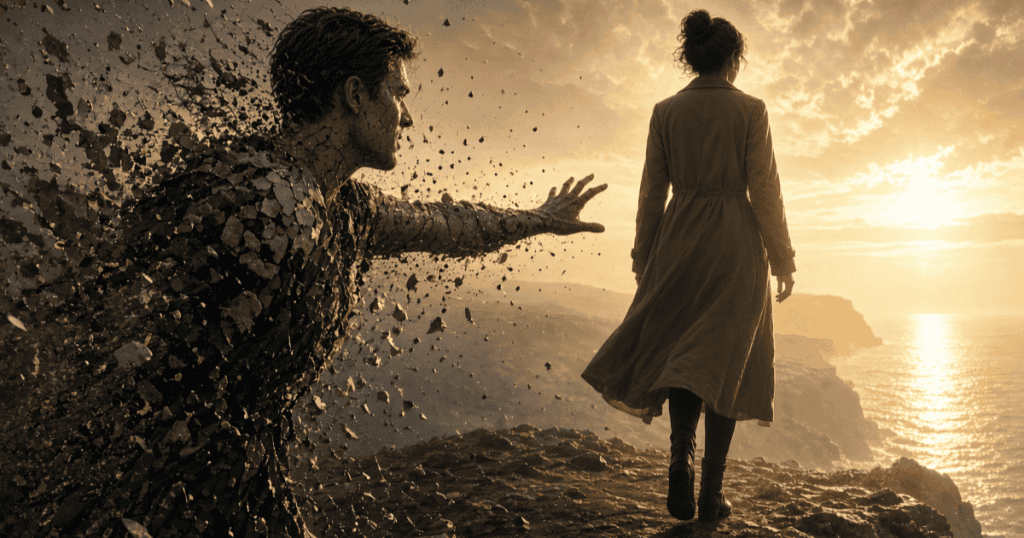 A man crumbles into pieces as he reaches desperately toward a woman walking calmly away into the sunset, symbolizing how a narcissist unravels when you stop chasing them and walk away.