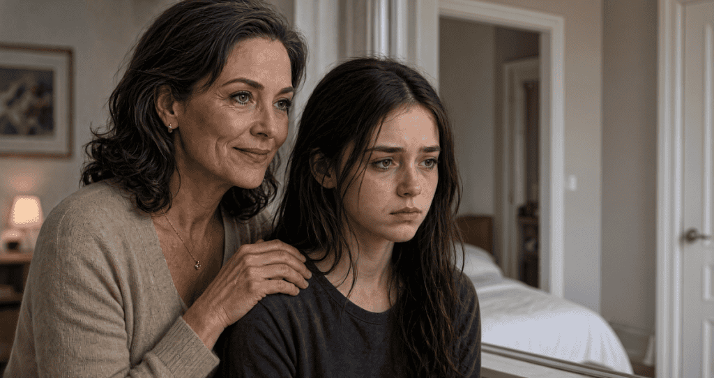 A mother rests a hand on her tearful daughter’s shoulder while smiling to herself, hinting at the hidden thoughts a narcissistic parent keeps behind a caring appearance.