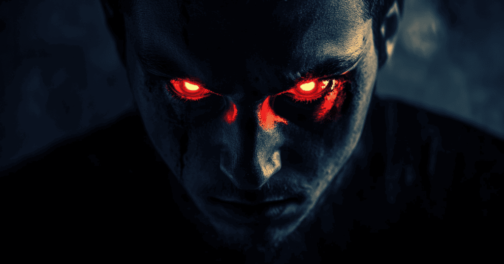 A shadowy man glares down with glowing red eyes, symbolizing the hidden cruelty and manipulative mind games behind a narcissist’s behavior.